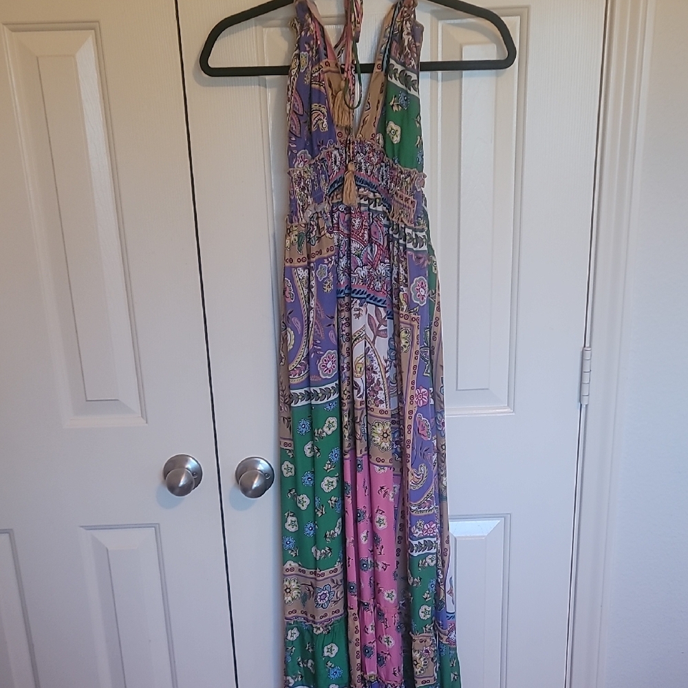Anthropologie Green and Pink Maxi Dress